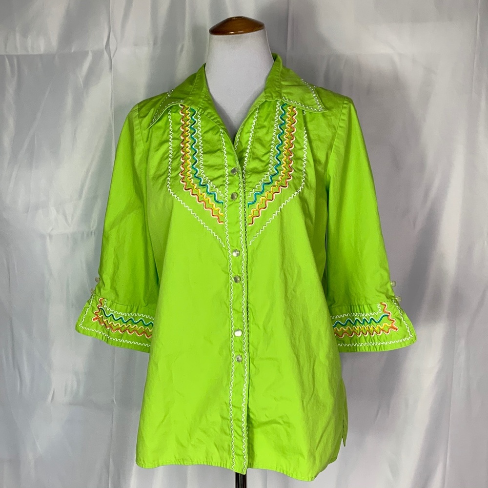 Euc Bob Mackie wearable art green collared shirt m